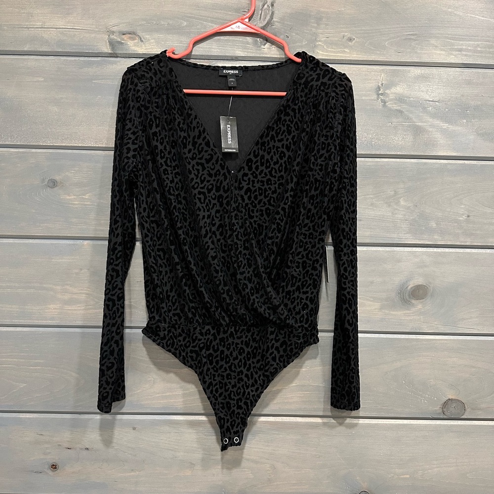 Express Black Leopard Semi Sheer Long Sleeve Bodysuit